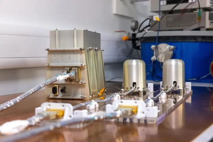 The MAG instrument flight model sensors prior to installation on the boom. Credit NASAJohns Hopkins APLEd Whitman